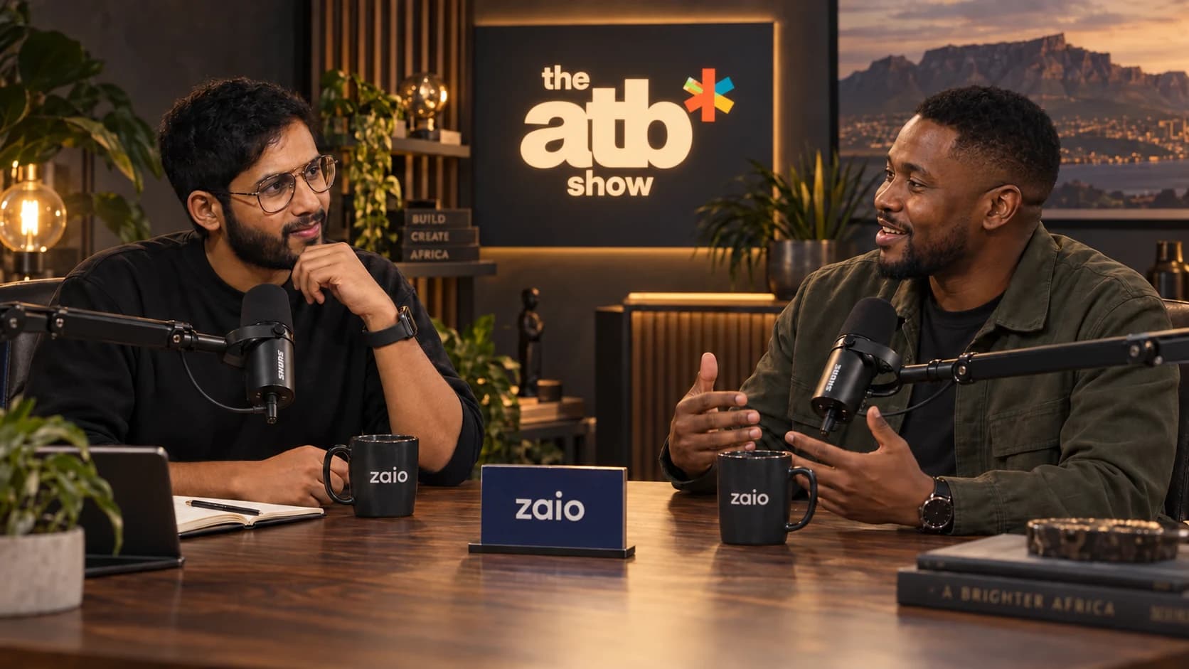 AI concept of Akhil and a fictional guest in a warm podcast studio, with Zaio-branded mugs and a table sign